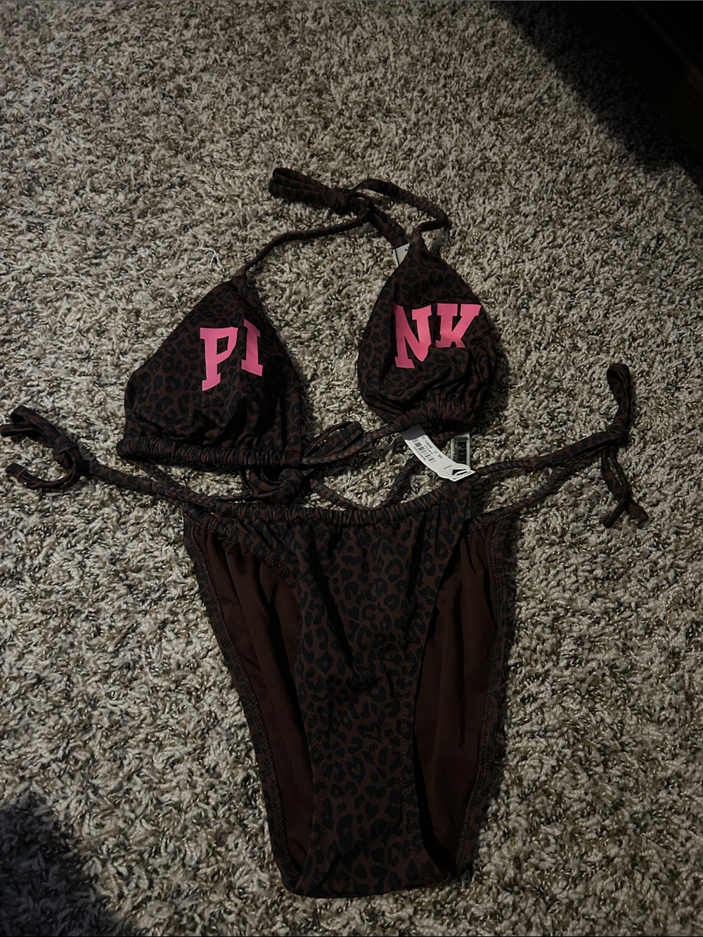 PINK Victoria's Secret Brown Leopard Print Bikini with Pink Logo
